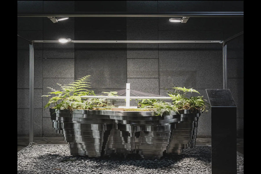 Modern indoor garden with plants and a water feature, illuminated by track-ready precision lighting.