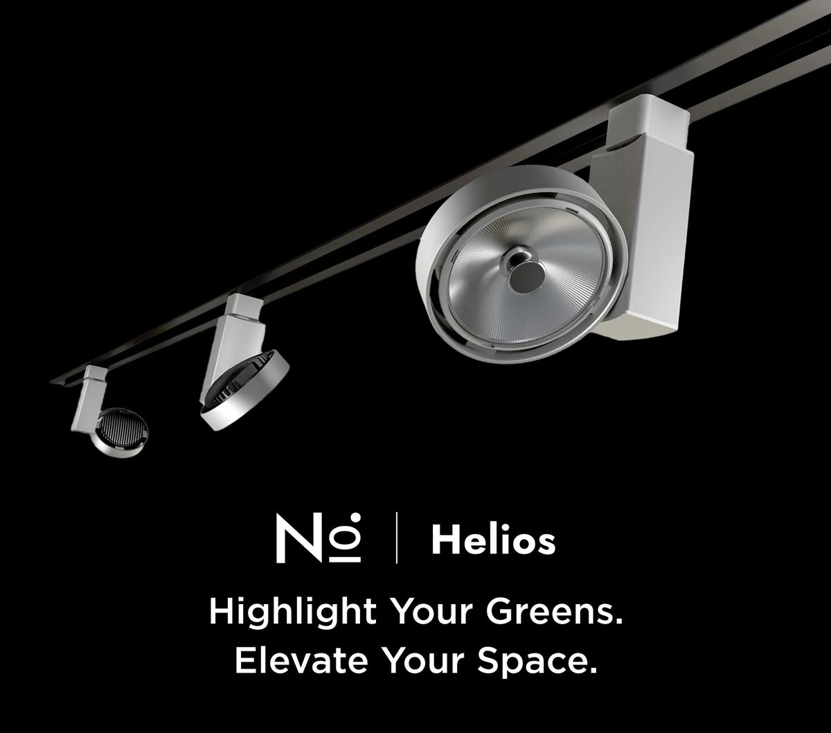 Track lighting system with 'Helios' branding on a black background