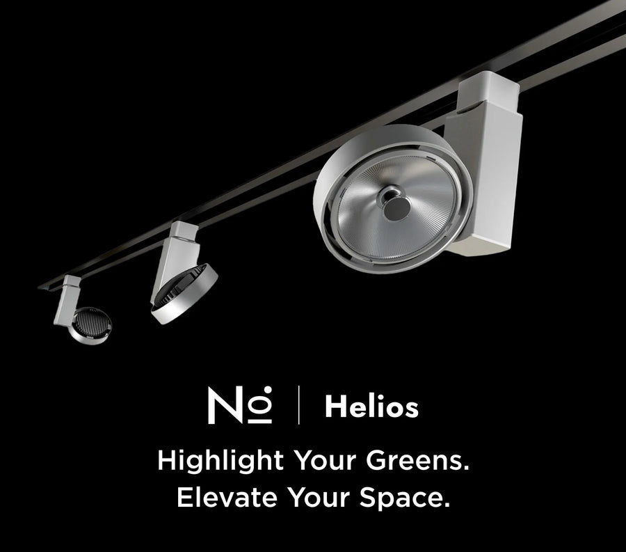 Track lighting system with 'Helios' branding on a black background