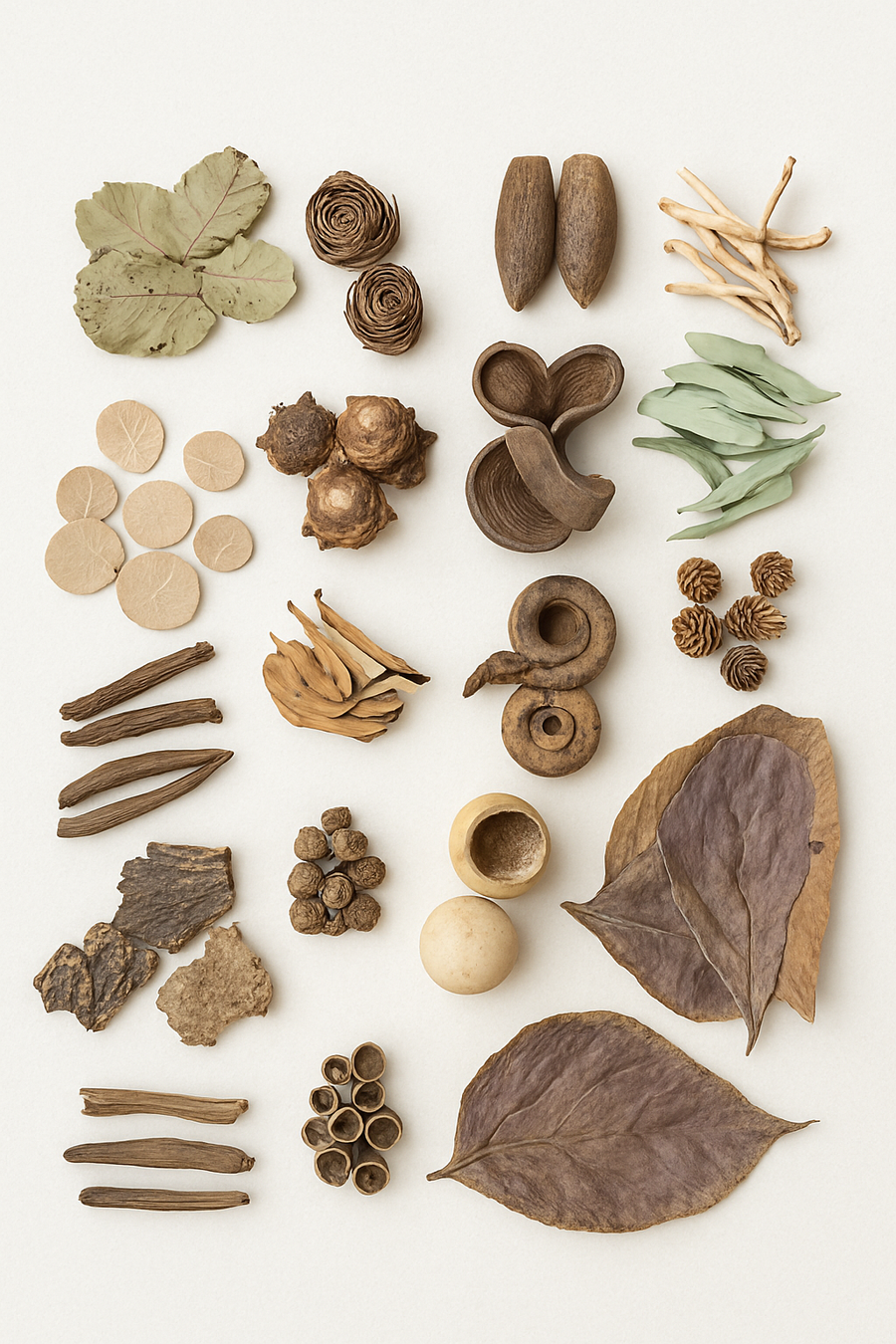 Collection of natural elements including leaves, cones, and twigs 
