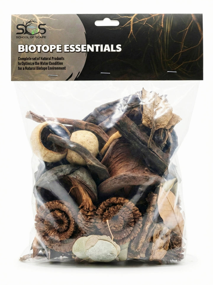 Biotope Essentials package with natural elements for aquariums, featuring School of Seas branding.