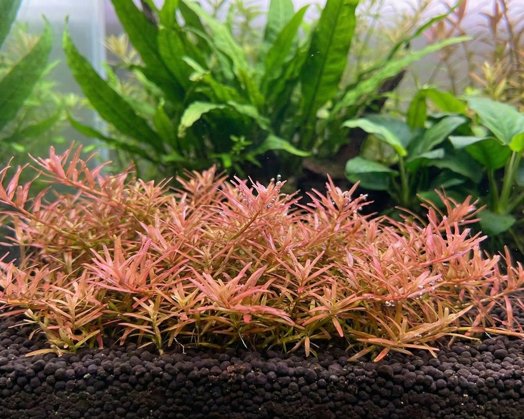 Aquatic plant with pink and green leaves in an aquarium setting
