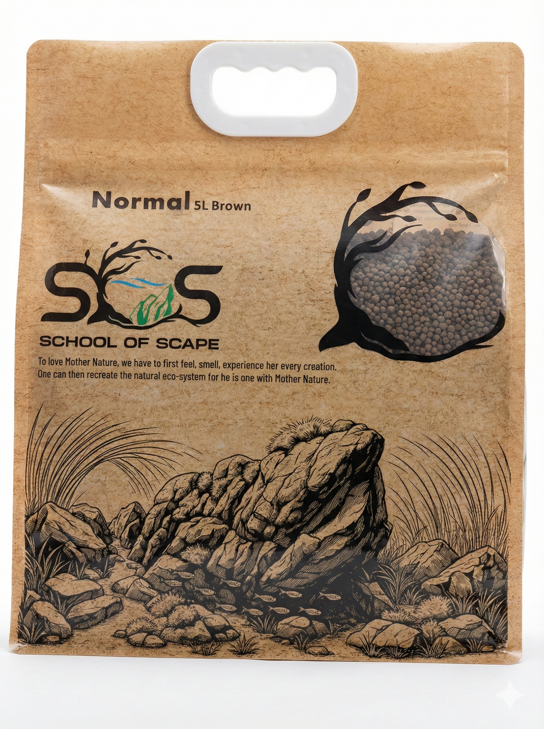 Kraft paper packaging with illustrations of a frog and natural elements, featuring the brand 'School of Scape'.