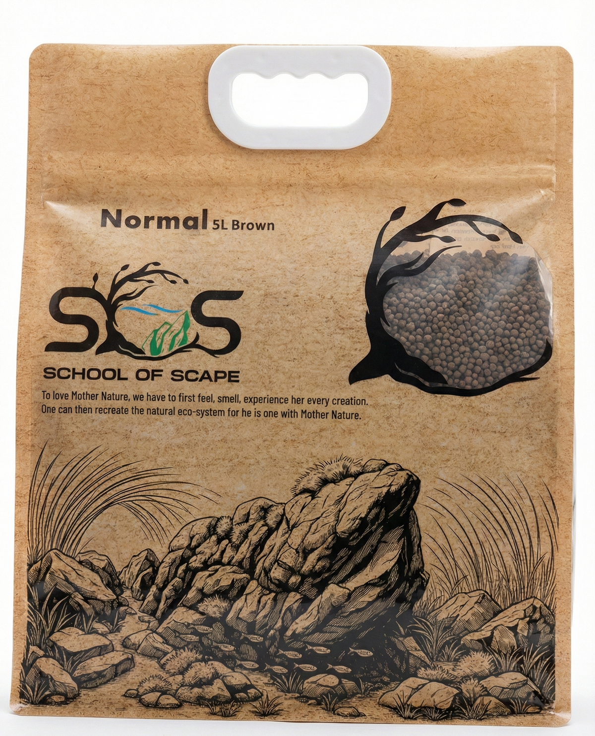 Scaper's Soil (Normal, Brown & Fine · 5L & 10L), kraft paper packaging with frog illustration