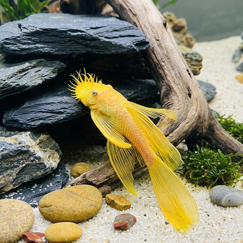 Yellow fish in an aquarium setting with rocks and gravel