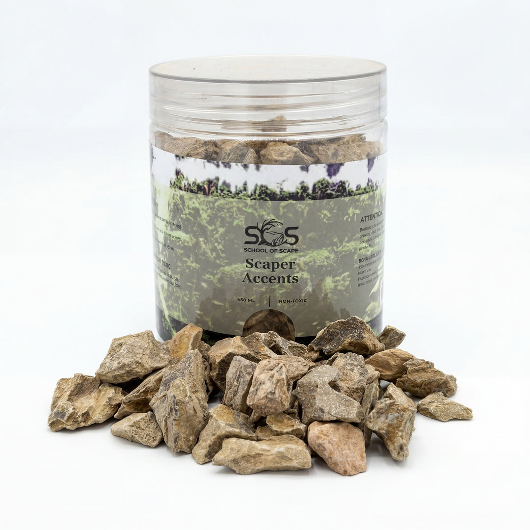 Jar of Scaper Accents with decorative stones on a white background