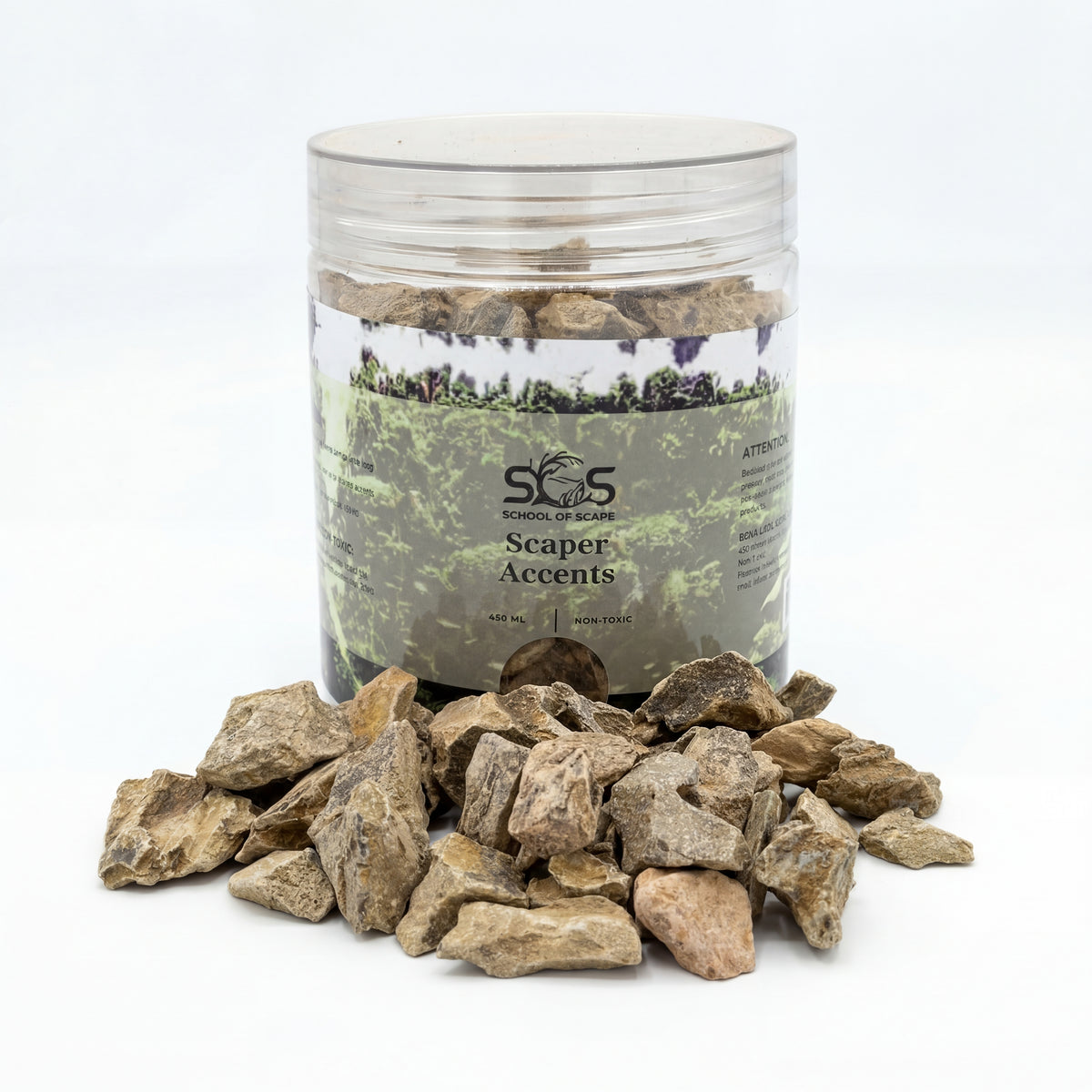 Jar of Scaper Accents with decorative stones on a white background