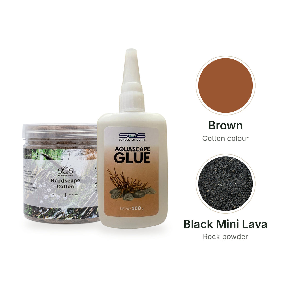 SOS Hardscape Glue Kit with Brown cotton and Black Mini Lava rock powder