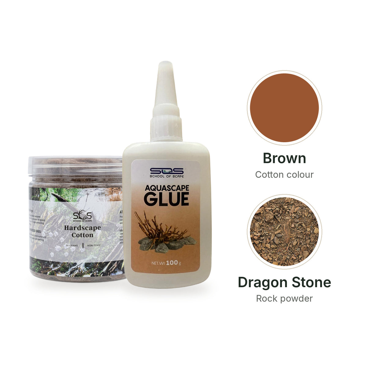 SOS Hardscape Glue Kit with Brown cotton and Dragon Stone rock powder