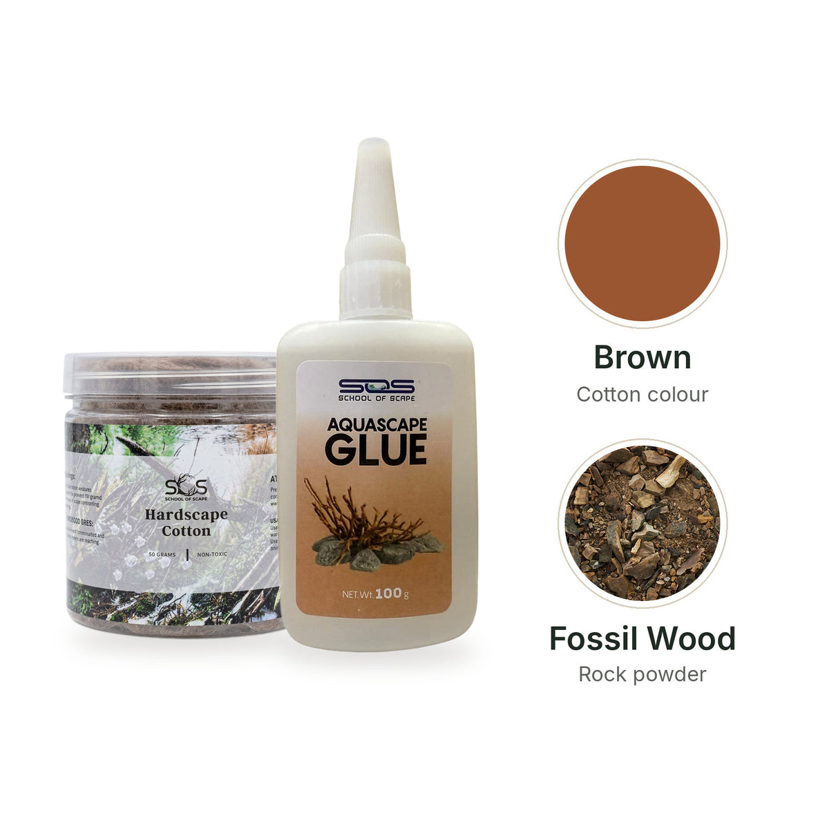 SOS Hardscape Glue Kit with Brown cotton and Fossil Wood rock powder