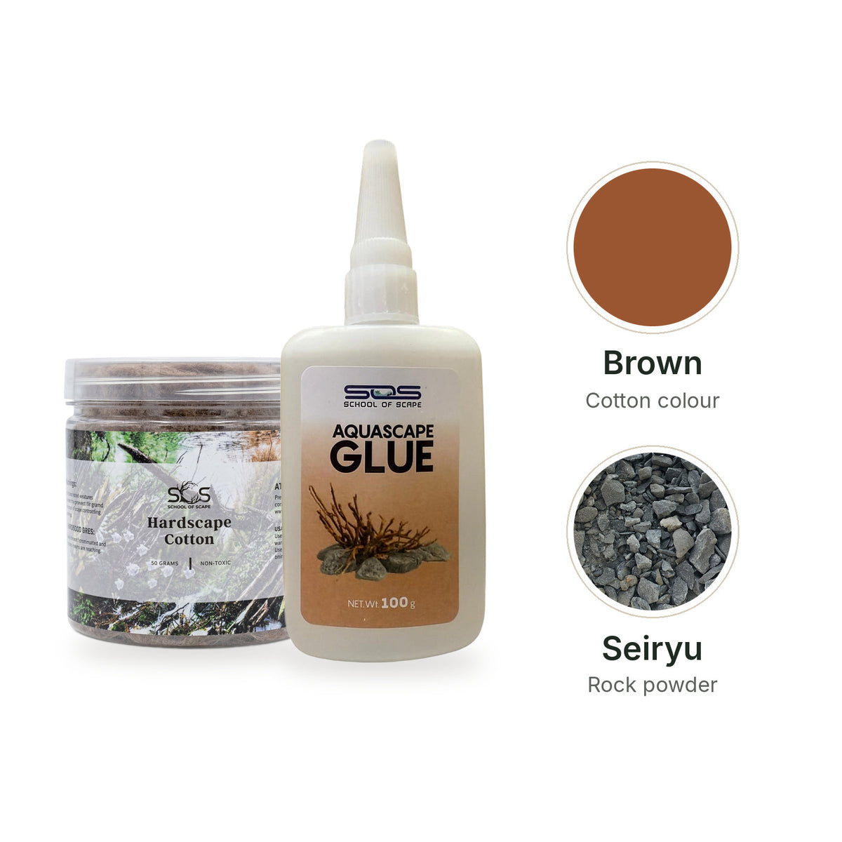 SOS Hardscape Glue Kit with Brown cotton and Seiryu rock powder