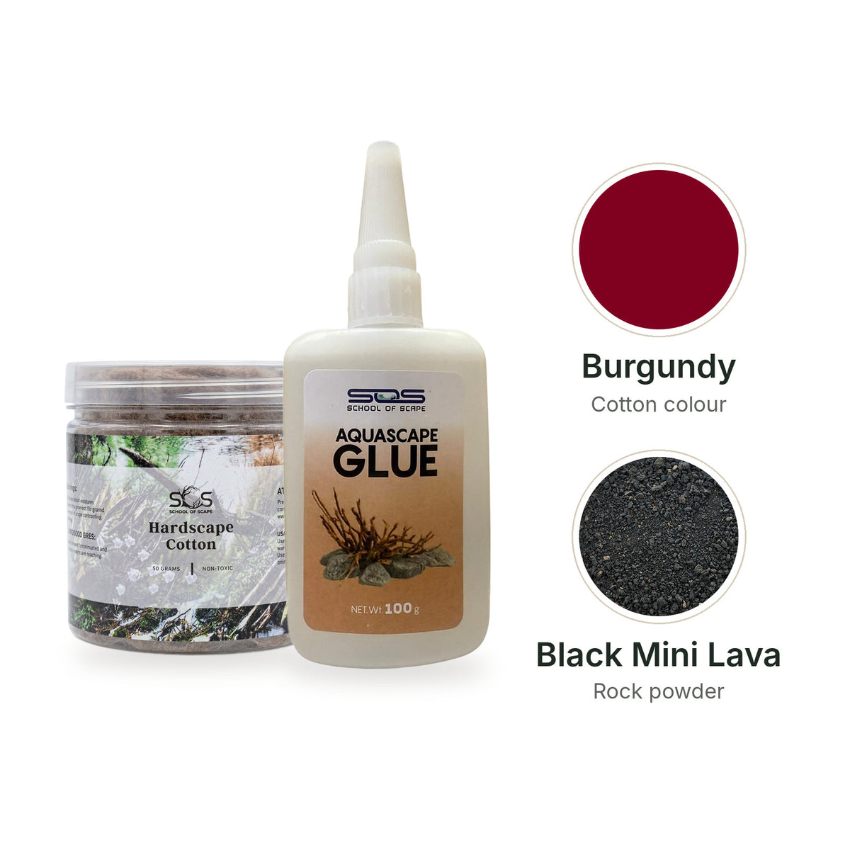SOS Hardscape Glue Kit with Burgundy cotton and Black Mini Lava rock powder