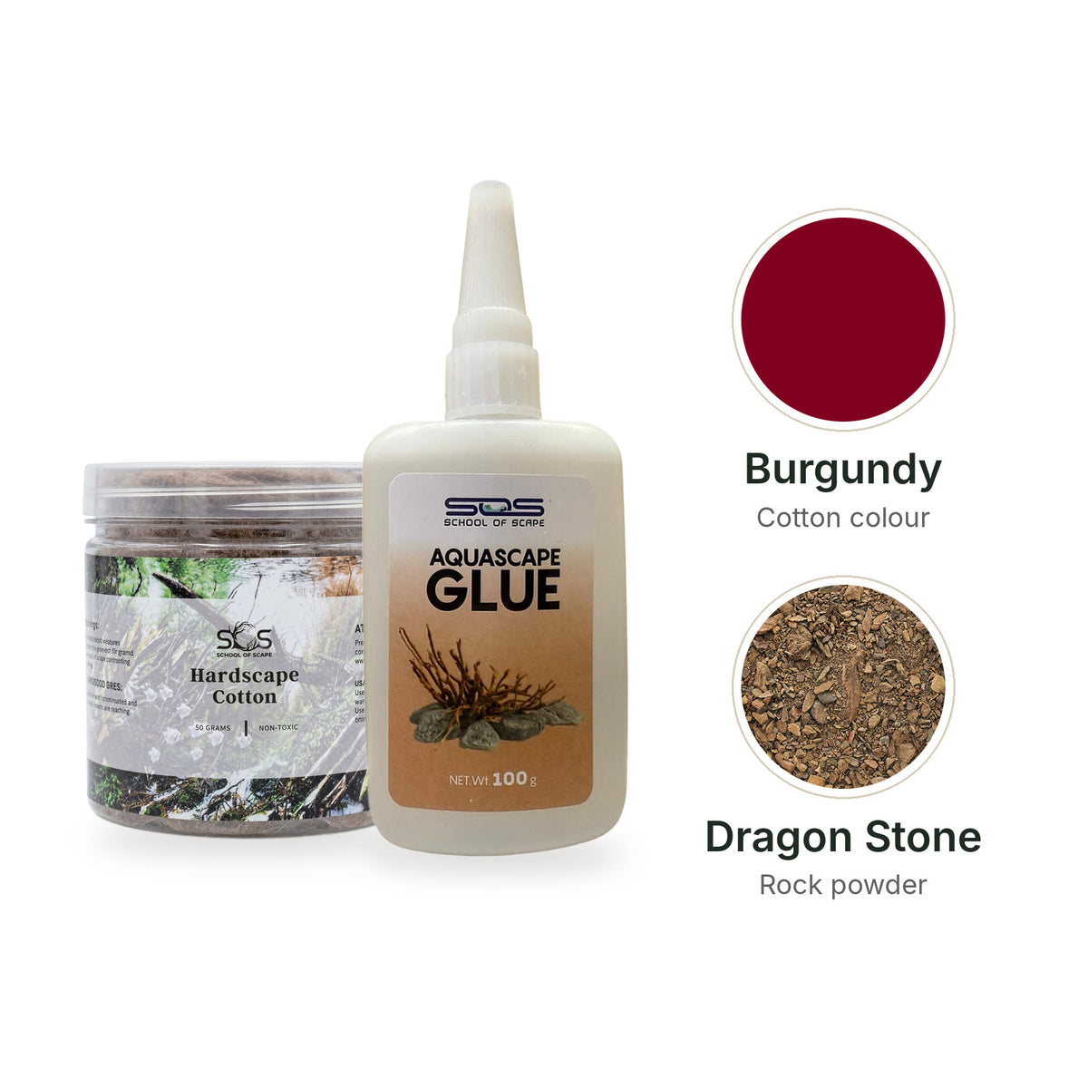 SOS Hardscape Glue Kit with Burgundy cotton and Dragon Stone rock powder