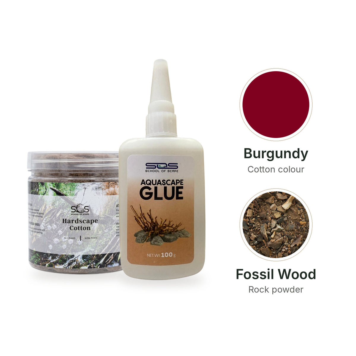 SOS Hardscape Glue Kit with Burgundy cotton and Fossil Wood rock powder