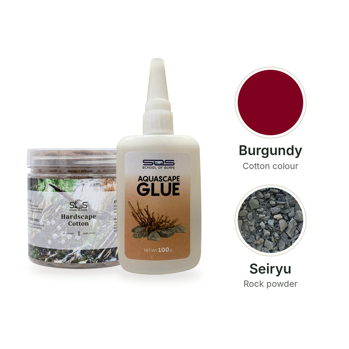 SOS Hardscape Glue Kit with Burgundy cotton and Seiryu rock powder