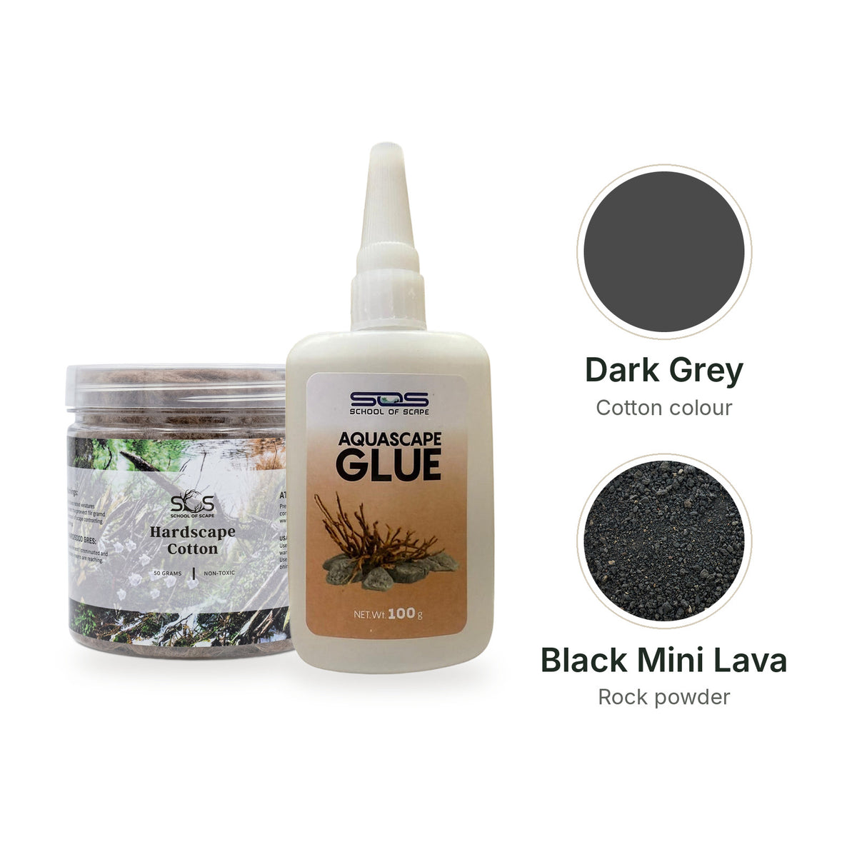 SOS Hardscape Glue Kit with Dark Grey cotton and Black Mini Lava rock powder
