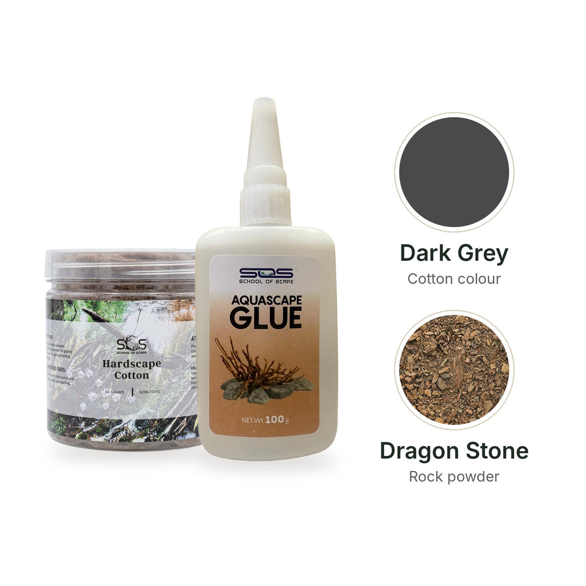 SOS Hardscape Glue Kit with Dark Grey cotton and Dragon Stone rock powder