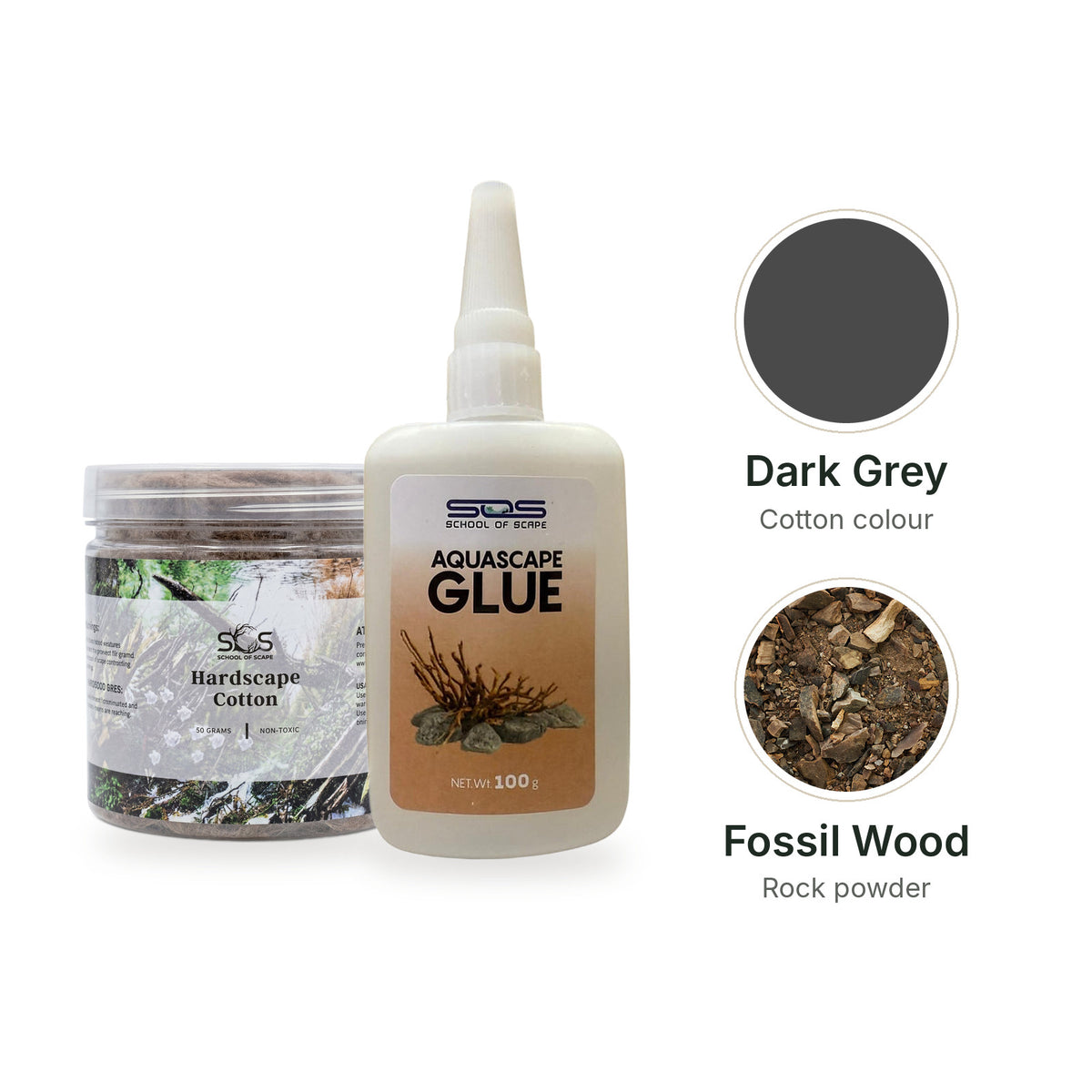 SOS Hardscape Glue Kit with Dark Grey cotton and Fossil Wood rock powder