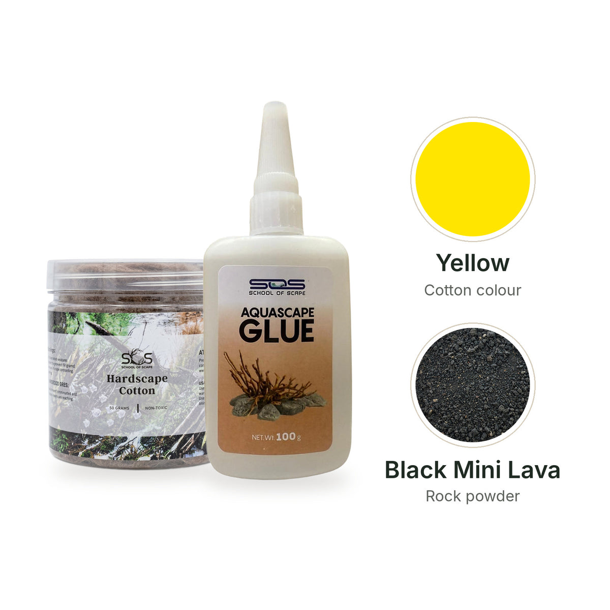 SOS Hardscape Glue Kit with Yellow cotton and Black Mini Lava rock powder