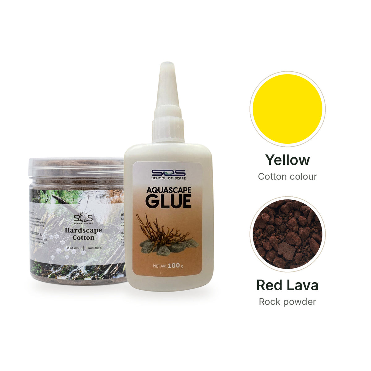 SOS Hardscape Glue Kit with Yellow cotton and Red Lava rock powder