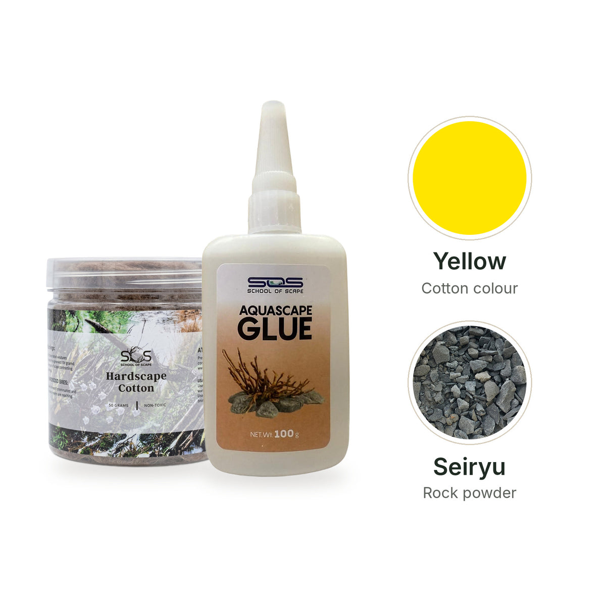 SOS Hardscape Glue Kit with Yellow cotton and Seiryu rock powder